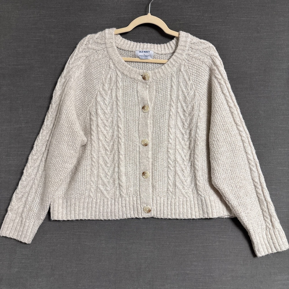 Old Navy Cardigan XL Beige Wool Blend Cable Knit Chunky Fisherman Sweater Crop